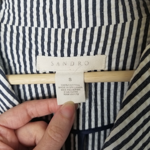 Sandro Seersucker Navy and White Cotton Blazer - Picture 4 of 5